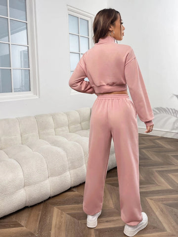Letter Embroidery Drop Shoulder Crop Sweatshirt & Sweatpants
