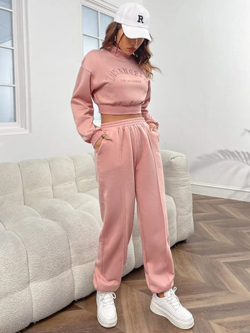 Letter Embroidery Drop Shoulder Crop Sweatshirt & Sweatpants