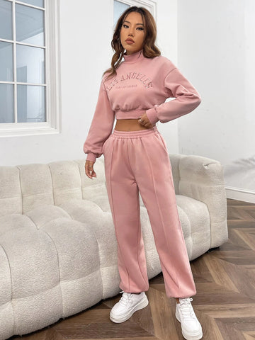 Letter Embroidery Drop Shoulder Crop Sweatshirt & Sweatpants
