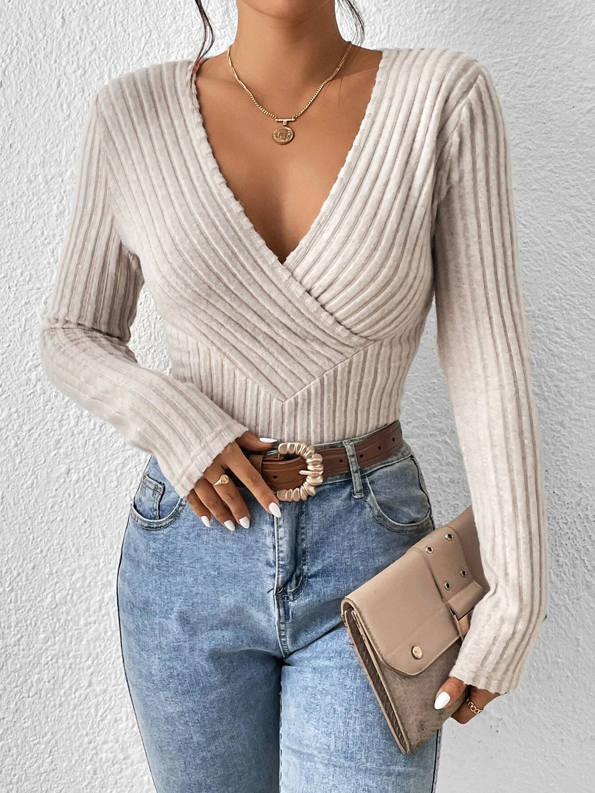 Surplice Neck Ribbed Knit Tee