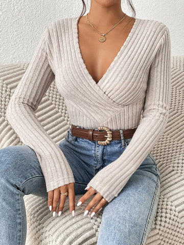 Surplice Neck Ribbed Knit Tee
