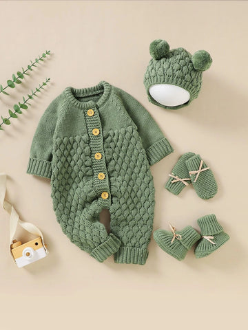 Baby Raglan Sleeve Knit Jumpsuit & Hat & Shoes & Gloves.