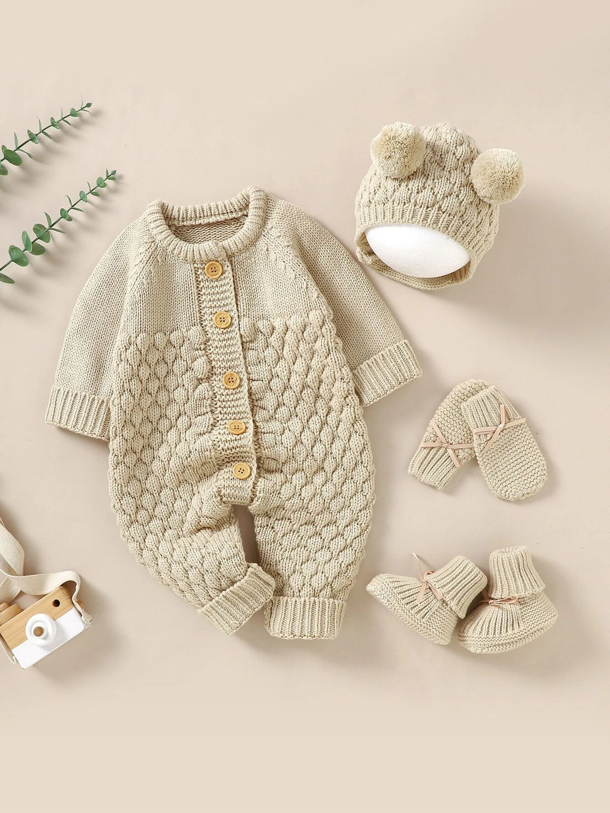 Baby Raglan Sleeve Knit Jumpsuit & Hat & Shoes & Gloves.