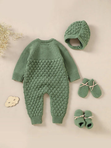 Baby Raglan Sleeve Knit Jumpsuit & Hat & Shoes & Gloves.