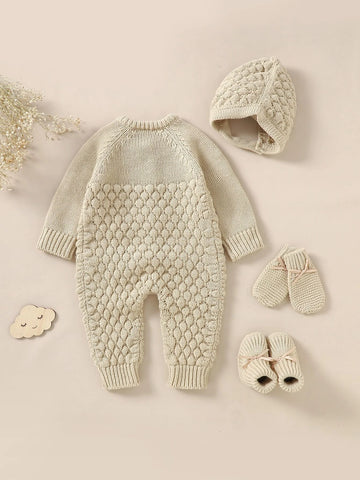 Baby Raglan Sleeve Knit Jumpsuit & Hat & Shoes & Gloves.