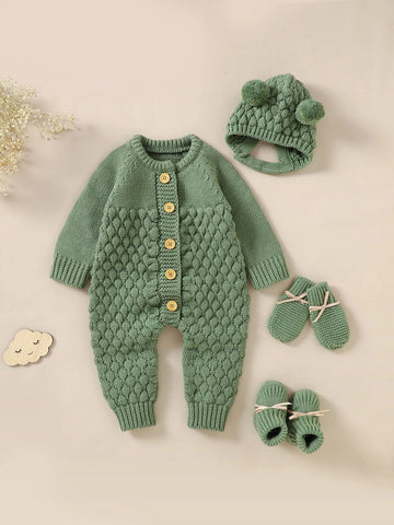 Baby Raglan Sleeve Knit Jumpsuit & Hat & Shoes & Gloves.