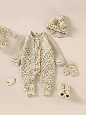 Baby Raglan Sleeve Knit Jumpsuit & Hat & Shoes & Gloves.