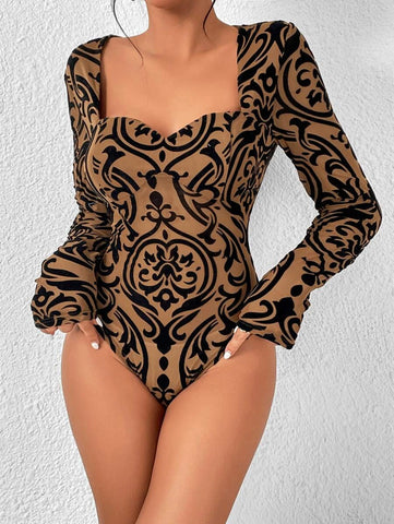 Damask Print Sweetheart Neck Bodysuit