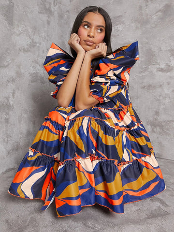 VCAY Allover Print Ruffle Hem Dress