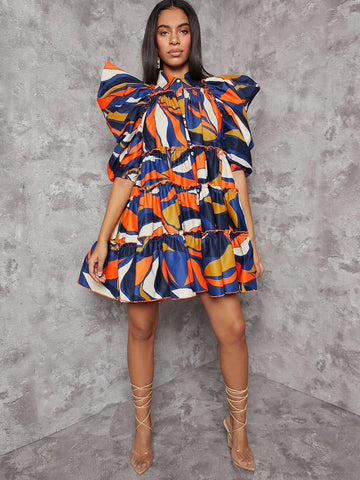 VCAY Allover Print Ruffle Hem Dress
