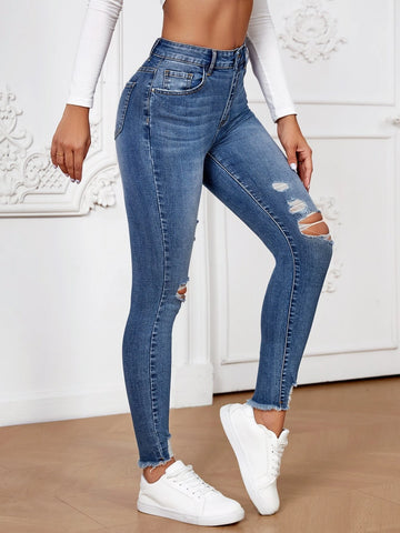 Ripped Raw Hem Skinny Jeans