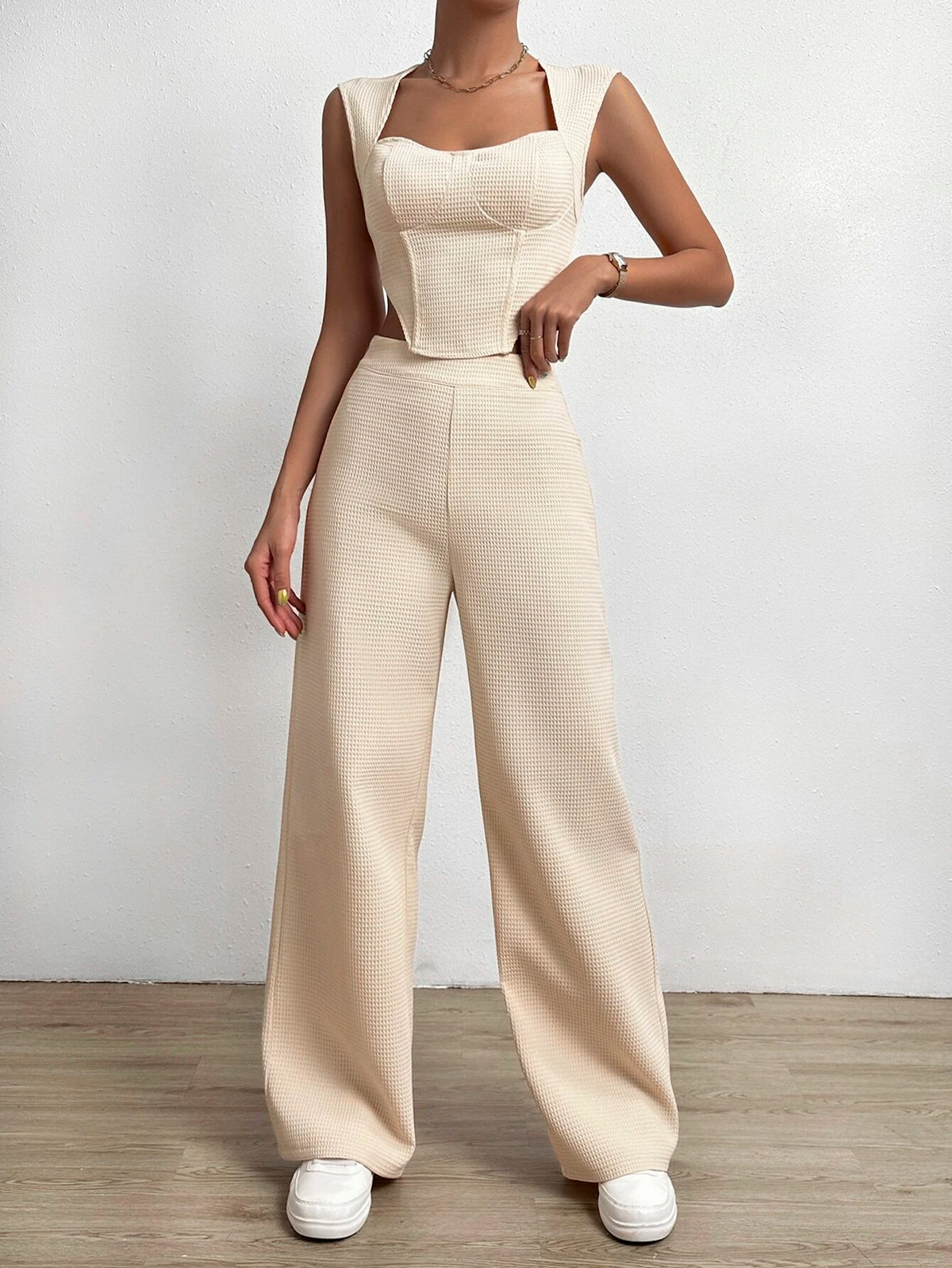 Solid Asymmetrical Hem Tank Top & Wide Leg Pants