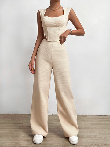 Solid Asymmetrical Hem Tank Top & Wide Leg Pants