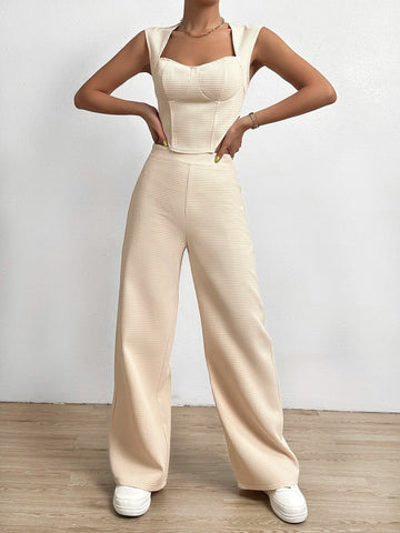 Solid Asymmetrical Hem Tank Top & Wide Leg Pants