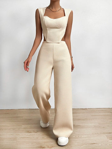 Solid Asymmetrical Hem Tank Top & Wide Leg Pants