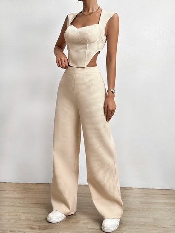 Solid Asymmetrical Hem Tank Top & Wide Leg Pants