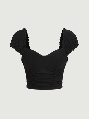 MOD Sweetheart Neck Ruched Frill Trim Crop Tee