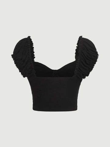 MOD Sweetheart Neck Ruched Frill Trim Crop Tee