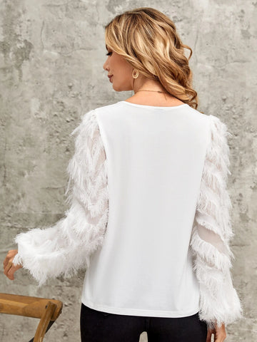 EMERY ROSE Solid Fuzzy Lantern Sleeve Top