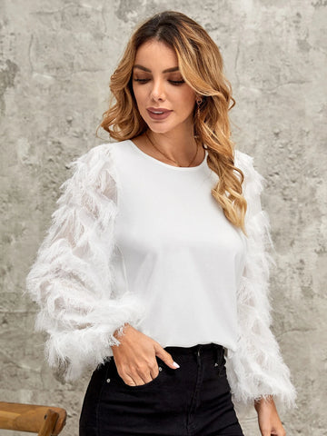 EMERY ROSE Solid Fuzzy Lantern Sleeve Top