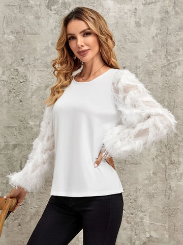 EMERY ROSE Solid Fuzzy Lantern Sleeve Top