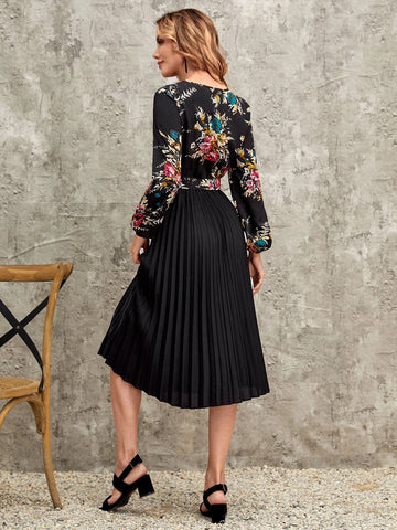 EMERY ROSE Floral Print Pleated Hem Belted Dress