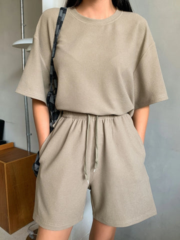 DAZY Waffle Knit Drop Shoulder Tee & Drawstring Waist Shorts