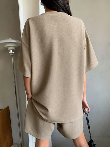 DAZY Waffle Knit Drop Shoulder Tee & Drawstring Waist Shorts