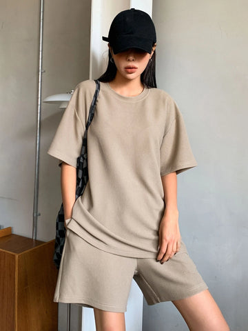 DAZY Waffle Knit Drop Shoulder Tee & Drawstring Waist Shorts