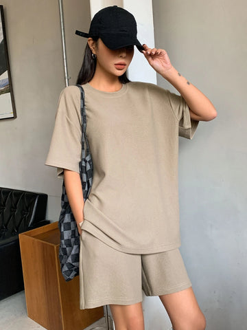 DAZY Waffle Knit Drop Shoulder Tee & Drawstring Waist Shorts
