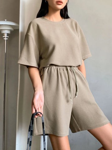DAZY Waffle Knit Drop Shoulder Tee & Drawstring Waist Shorts