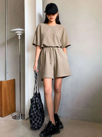 DAZY Waffle Knit Drop Shoulder Tee & Drawstring Waist Shorts