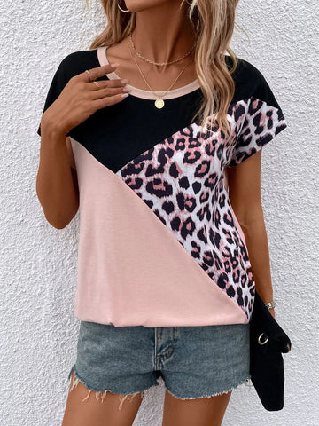 Leopard Print Colorblock Batwing Sleeve Tee