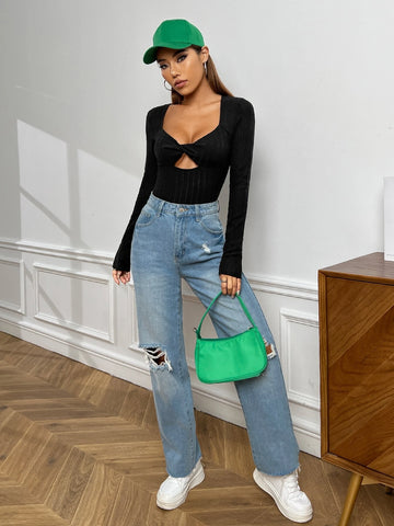 Sweetheart Neck Twist Front Cut Out Bodysuit