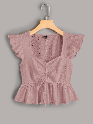 EZwear Butterfly Sleeve Drawstring Peplum Schiffy Blouse