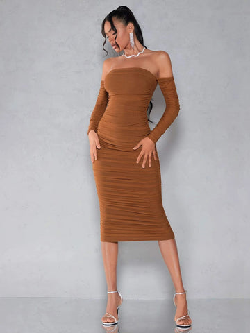 BAE Off Shoulder Ruched Bodycon Dress