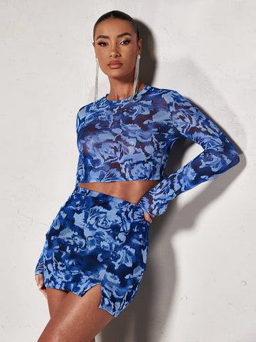 BAE Allover Print Crop Mesh Top & Split Hem Skirt