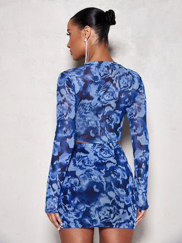 BAE Allover Print Crop Mesh Top & Split Hem Skirt