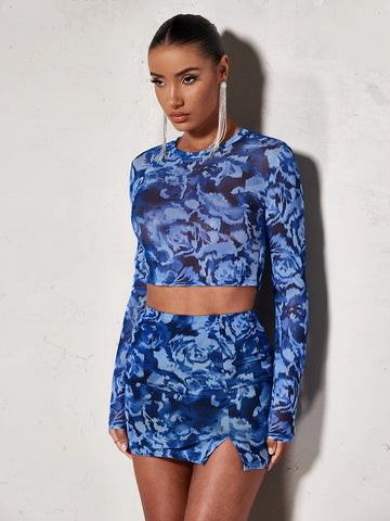 BAE Allover Print Crop Mesh Top & Split Hem Skirt