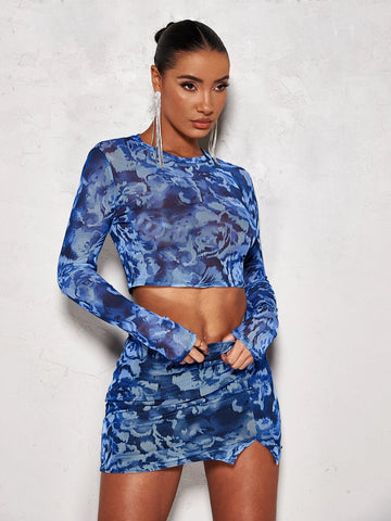 BAE Allover Print Crop Mesh Top & Split Hem Skirt