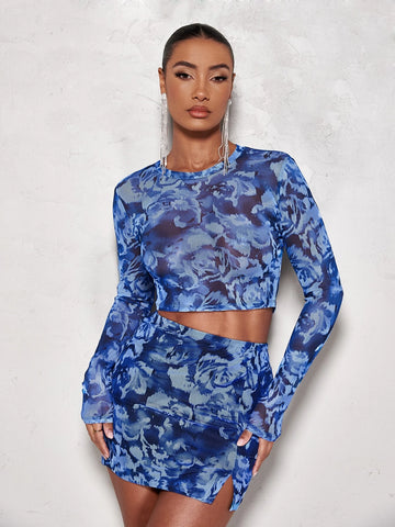 BAE Allover Print Crop Mesh Top & Split Hem Skirt