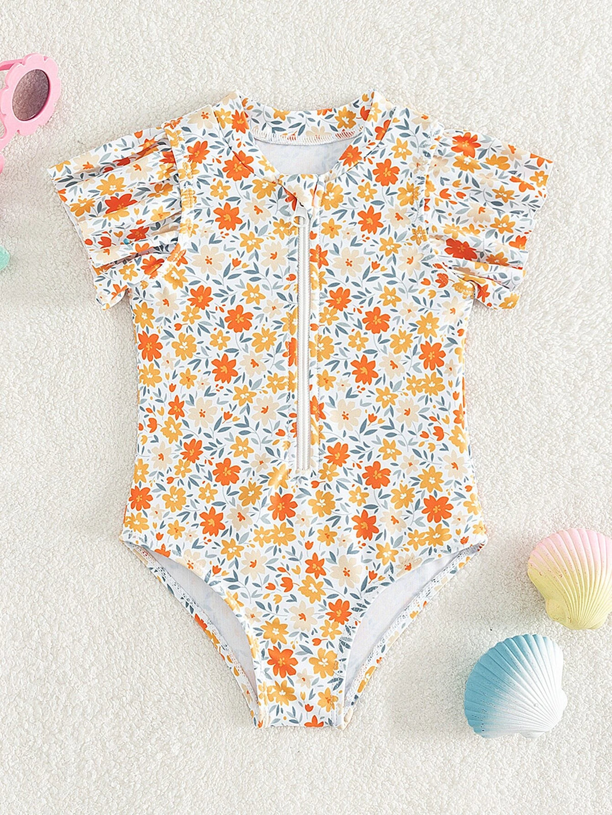 Baby Allover Floral Print Ruffle Trim Zipper Front One Piece Swimsuit