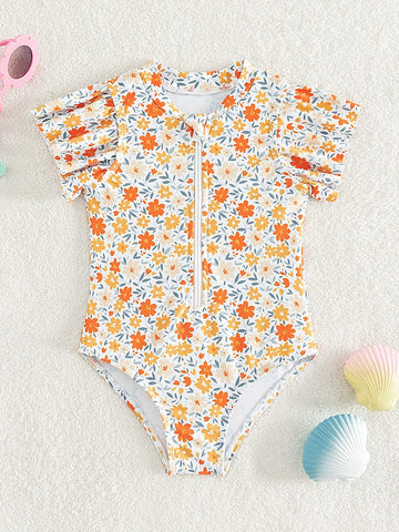 Baby Allover Floral Print Ruffle Trim Zipper Front One Piece Swimsuit