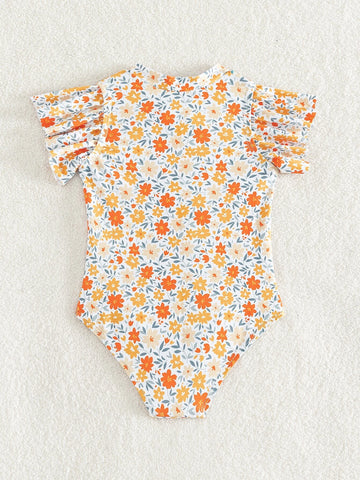 Baby Allover Floral Print Ruffle Trim Zipper Front One Piece Swimsuit