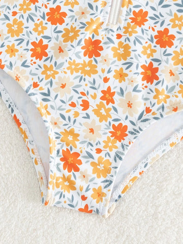 Baby Allover Floral Print Ruffle Trim Zipper Front One Piece Swimsuit