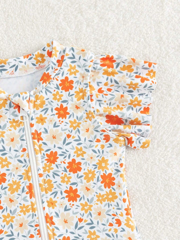 Baby Allover Floral Print Ruffle Trim Zipper Front One Piece Swimsuit
