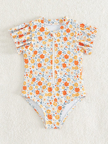 Baby Allover Floral Print Ruffle Trim Zipper Front One Piece Swimsuit