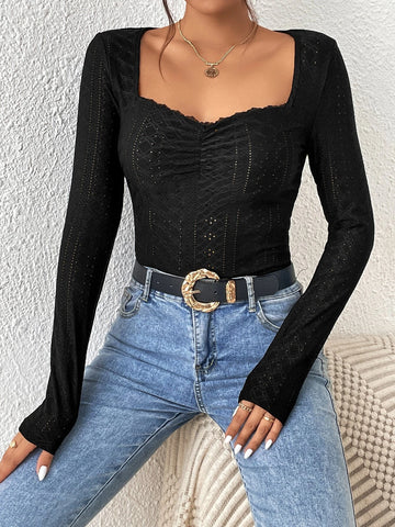 Sweetheart Neck Embroidery Eyelet Ruched Bust Lace Trim Tee