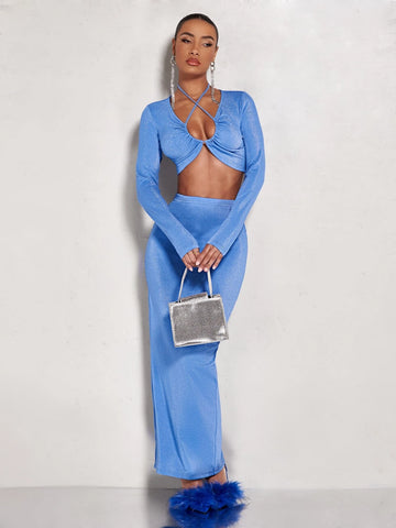 BAE Solid Tie Back Glitter Crop Top & Skirt