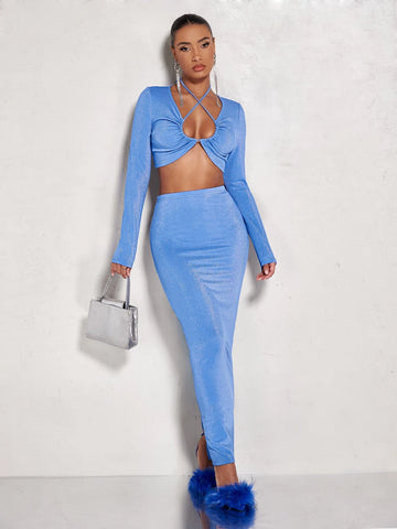 BAE Solid Tie Back Glitter Crop Top & Skirt